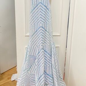The dress is "jovani prom dress with striped sequin pattern" size 2, light blue